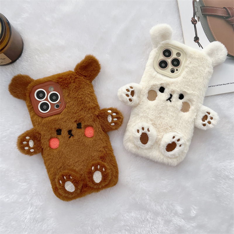 Phone Cases Korean - Korean 3D Cartoon Bear Fluffy Plush