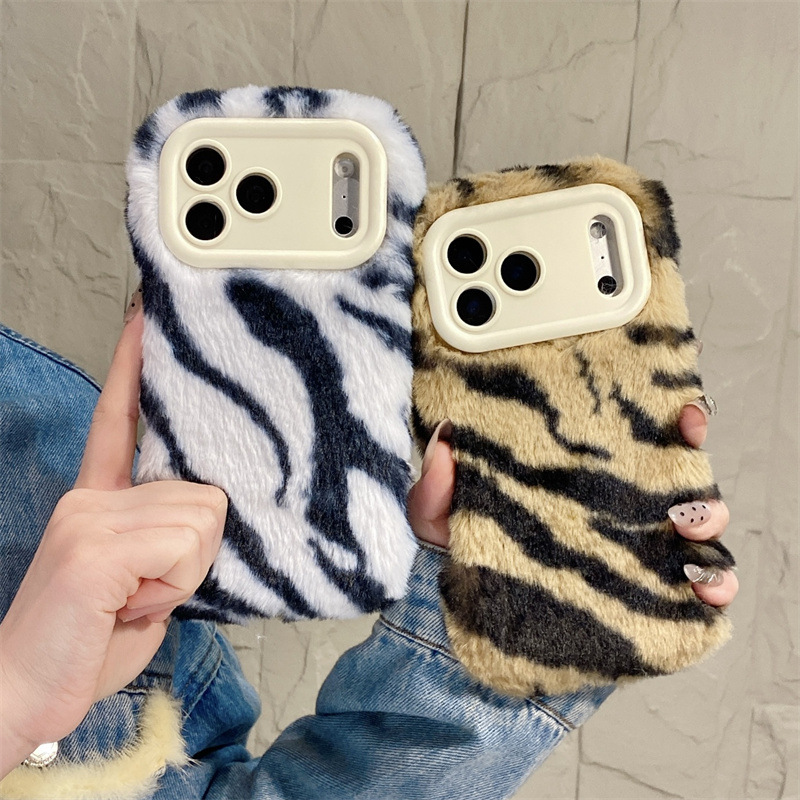 Phone Cases Iphone 16 Pro Max - Luxury Zebra Pattern Fluffy Plush Phone